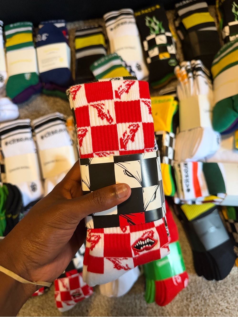 Chrome Hearts Red and White Checkerboard Crew Socks